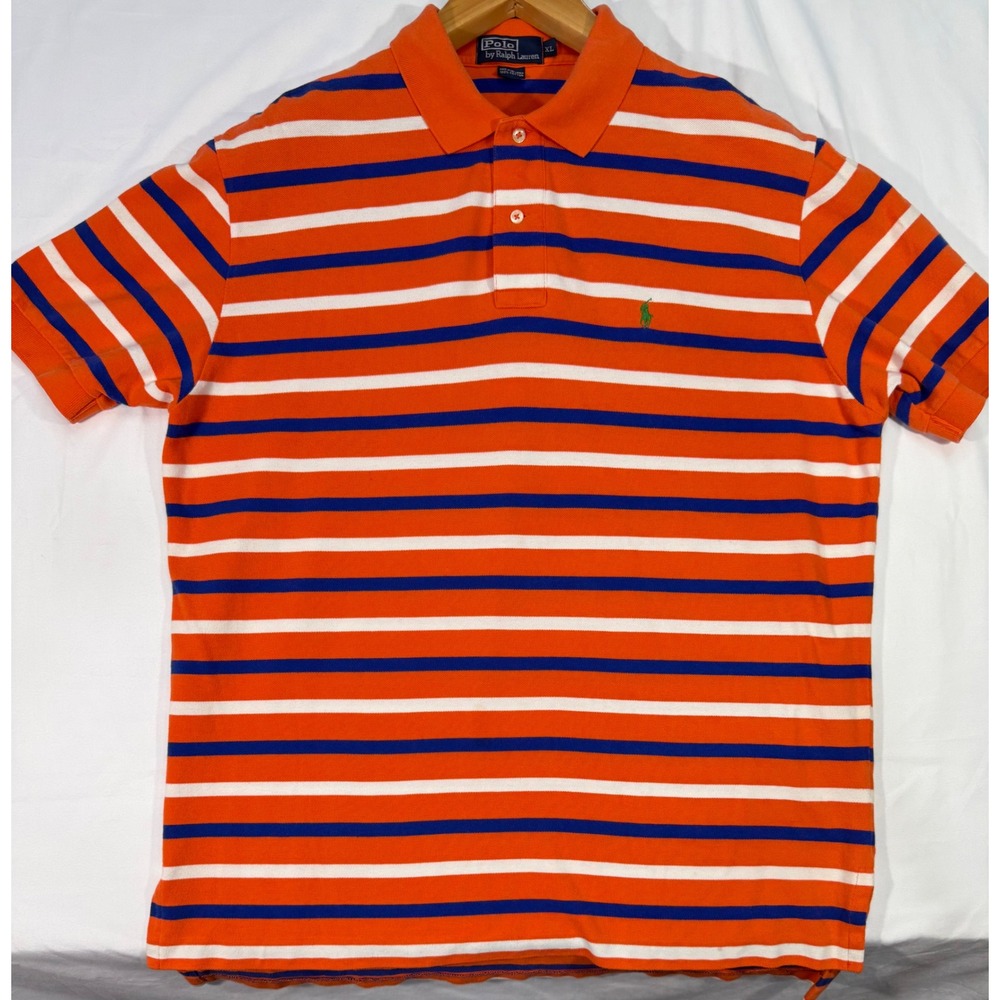 Polo Ralph Lauren Mens XL Striped Polo Shirt Orange Blue White Cotton Pique